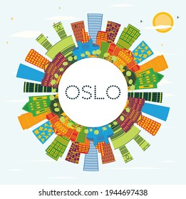 Oslo Norway Skyline with Color Buildings, Blue Sky and Copy Space. Vector Illustration. Business Travel and Tourism Illustration with Modern Architecture. Oslo Cityscape with Landmarks.