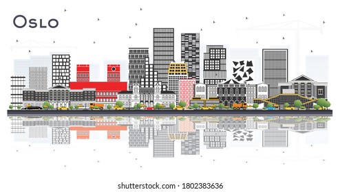 Oslo Norway Skyline with Gray Buildings and Reflections Isolated on White. Vector Illustration. Business Travel and Tourism Concept with Modern Architecture.