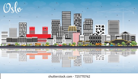 Oslo Norway Skyline with Gray Buildings, Blue Sky and Reflections. Vector Illustration. Business Travel and Tourism Illustration with Modern Architecture.