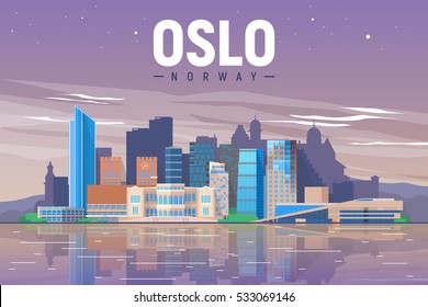 Oslo Norway skyline with panorama in evening sky background. Vector Illustration. Business travel and tourism concept with modern buildings. Image for presentation, banner, placard and web site.