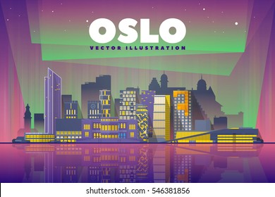 Oslo Norway skyline with panorama in night background. Vector Illustration. Business travel and tourism concept with modern buildings. Image for presentation, banner, placard and web site.