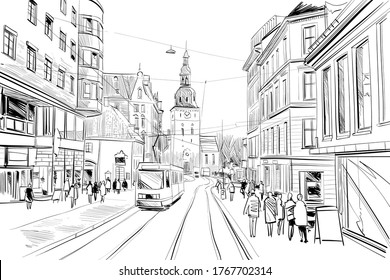Oslo, Norway. Urban Sketch. Hand Drawn Vector Illustration. 