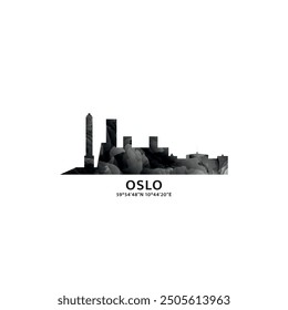 Oslo panorama, vector badge, skyline logo and icon. Norway capital city horizon logotype with landmarks and building silhouettes. Isolated foggy abstract gradient graphic