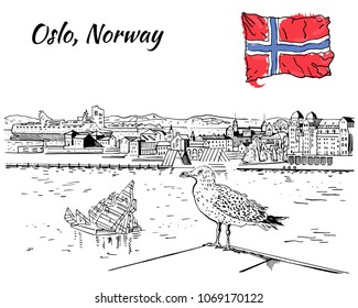 Oslo panorama view from Opera House roof. The Oslo fjord, Akershus Fortress, ferry ship. Seagull in the foreground. Hand drawn black and white vector illustration. Postcard, coloring page design.