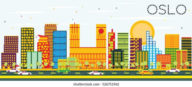 Oslo Skyline with Color Buildings and Blue Sky. Vector Illustration. Business Travel and Tourism Concept with Modern Architecture. Image for Presentation Banner Placard and Web Site.