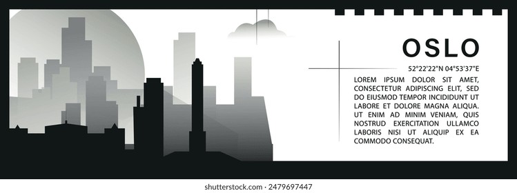 Oslo skyline vector banner, black and white minimalistic cityscape silhouette. Norway capital city horizontal graphic, travel infographic, monochrome layout for website