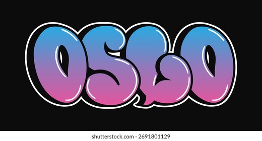Texto de Oslo diseñado en letras de burbuja de graffiti llamativas, con un degradado rosa y azul vibrante con reflejos brillantes