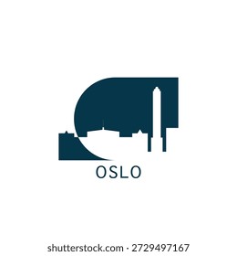 Oslo vector icon with skyline, panoramic view, city shape. Norway landmarks logo concept. Blue flat isolated graphic, badge