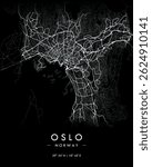 Oslo vector print map in dark theme. Detailed map of Oslo in Norway. Best free vector illustration. Tourist decorative minimalist street map.