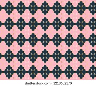 Osman Mosque Vector Seamless Pattern. Argyle rhombus muslim textile background. Traditional ramadan pattern with gold grid. Chic islamic argyle seamless design of lantern lattice shape tiles.