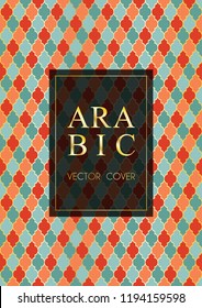 Osman pattern vector cover page layout in arabic style of mosque stained-glass window mosaic grid. Islamic background, moroccan, turkish, arabic, ottoman pattern vector template in gold red teal