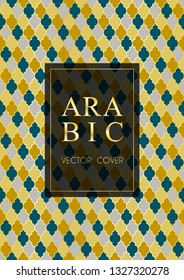 Osman pattern vector cover page layout in arabic style of mosque stained-glass window mosaic grid. Islamic background, moroccan, turkish, arabic, ottoman pattern vector template in gold dark blue