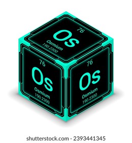 Osmium (Os) (076) - Fundamental Element Futuristic Cybernetic Cube Block Isometric View, Icon Isolated White Background, Periodic Table, Chemical Symbol, Name, Atomic Mass, Atomic Number