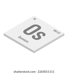 Osmium, Os, gray 3D isometric illustration of periodic table element with name, symbol, atomic number and weight. Transition metal with various industrial uses, such as in fountain pen tips