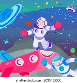  osmonaut in universe space, vector illustration. Cartoon astronaut man character fly at galaxy, cosmos, spaceman in helmet work for exploration