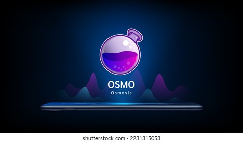 Osmosis coin icon crypto currency token symbol come out from smartphone with growth chart. Trading cryptocurrency on application. Financial investment. Banner for website or news. Vector EPS10.