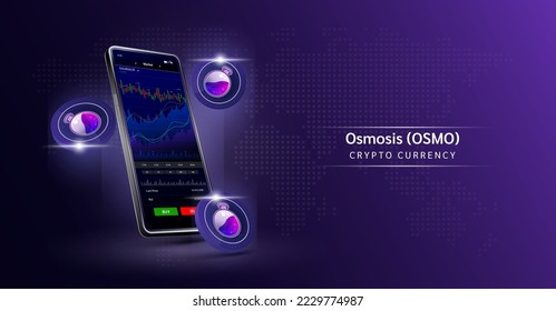 Osmosis coin and Phone. App for trading crypto currency on the touch screen smartphone. Data analytics stock market. Mobile banking cryptocurrency. Vector 3d. 