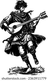 OSR-Inspired Bard Lineart: Dive into retro RPG aesthetics with this ink-detailed musician hero, dancing and playing the lute. Vectorial illustration, perfect for tabletop guides or online adventures.