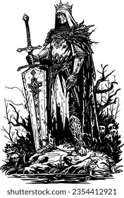 OSR-Inspired Undead King Lineart: Dive into retro RPG aesthetics with this ink-detailed Knight, wielding a giant sword. Vectorial illustration, perfect for tabletop guides or online adventures.