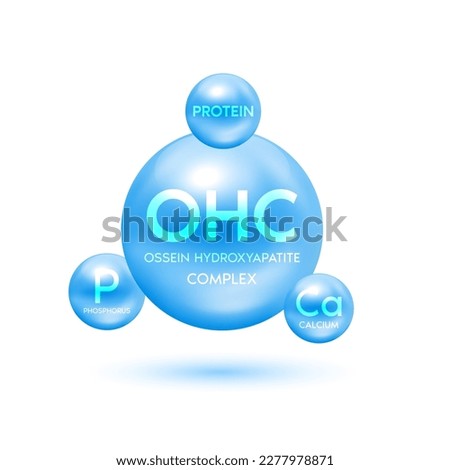 Ossein hydroxyapatite complex Natural nutrients extracted from bovine bones. Calcium phosphorus minerals and protein help treat osteoporosis. Food supplement bone joints. Medical concepts. 3D Vector.