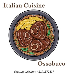 Ossobuco, braised veal steak alla Milanese with gremolata and vegetable sauce. Italian food