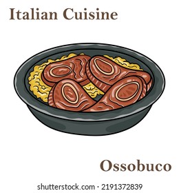 Ossobuco, braised veal steak alla Milanese with gremolata and vegetable sauce. Italian food