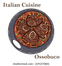 Ossobuco, braised veal steak alla Milanese with gremolata and vegetable sauce. Italian food