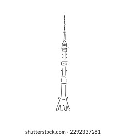 Torre Ostankino. Mapa de Moscú. Lugares de interés rusos de Moscú. Dibujo a mano de doodle corto ilustración en blanco y negro