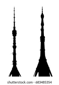 Ostankino TV tower silhouette, sight vector. From different angles, from near and far. Television skyscraper, Moscow, Russia Landmark. Height - 540.1 m