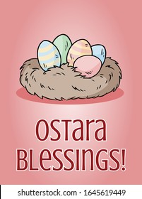 Ostara Segings pagan Ferien Postkarte. Ostereier auf einem Nest-Vektorillustration-Bild.