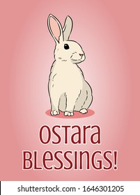 Ostara Blessings pagan holiday postcard. Easter bunny or hare vector image.