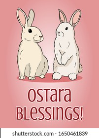 Ostara Blessings pagan holiday postcard. Easter bunny or hare vector image.