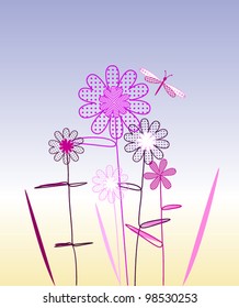 ostcard with magenta spring flowers and butterflies