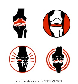 Osteoarthritis icon for medical design. Knee bones injury. Arthritis logotype in flat style. Leg pictogram. Rheumatism logo. Broken bone sign. Editable vector illustration isolated on white background