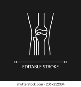 Osteoarthritis white linear icon for dark theme. Cartilage inflammation. Degenerative joint disease. Thin line customizable illustration. Isolated vector contour symbol for night mode. Editable stroke