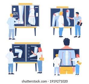 Osteopath Examining Xray Pictures Of Patient Joints, Spine Bones, Flat Vector Illustration. Shoulder, Elbow, Knee, Foot Arthritis, Spinal Disease. Osteoarthritis, Osteoporosis, Osteopathy Chiropractic