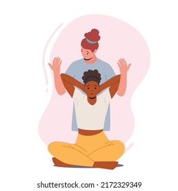 Osteopath Rehabilitation, Doctor Character Improve Woman Health. Professional Healer Adjust Spine Of Black Woman Sitting On Floor With Hands Behind of Her Head. Cartoon People Vector Illustration