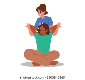 Osteopath Rehabilitation, Doctor Character Improve Woman Health. Professional Healer Adjust Spine Of Woman Sitting On Floor With Hands Behind of Her Head. Cartoon People Vector Illustration