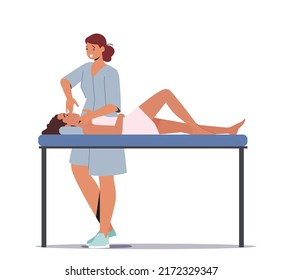 Osteopathic Treatment Concept. Woman Lying On Couch In Doctor Osteopath Office. Female Character Applying Facial Massage Procedure Isolated On White Background. Cartoon People Vector Illustration