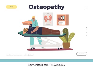 Osteopathy concept of landing page with patient at rehabilitation massage. Female masseur physiotherapist osteopath treating back and arm. Physiotherapy treatment. Cartoon flat vector illustration