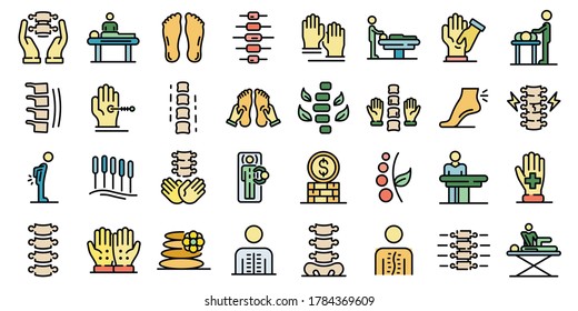 Osteopathy icons set. Outline set of osteopathy vector icons thin line color flat on white