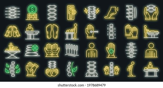 Osteopathy icons set. Outline set of osteopathy vector icons neon color on black