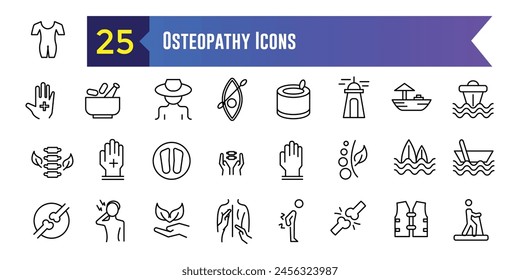 Osteopathy icons set. Outline set of osteopathy vector icons for ui design. Outline icon collection. Editable stroke.