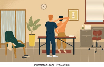 Osteopathy and massage therapy concept vector illustration. Professional male masseur helps man with back pain. Doctor therapist in massage clinic