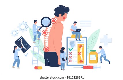 Osteopathy session and treatment. Man suffering from spine pain visiting osteopath, flat vector illustration. Tiny doctor characters examining patient vertebra. Osteopathic physician consultation.