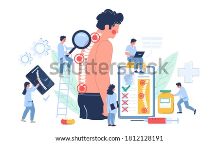 Osteopathy session and treatment. Man suffering from spine pain visiting osteopath, flat vector illustration. Tiny doctor characters examining patient vertebra. Osteopathic physician consultation.