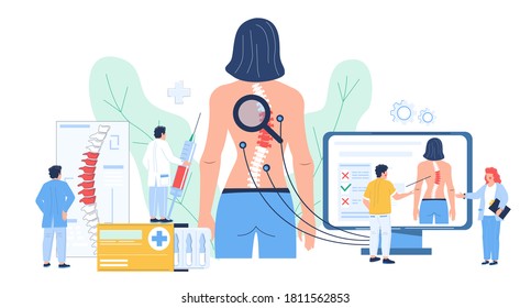 Osteopathy session and treatment. Patient female standing back, doctors looking at her spine using computer, magnifying glass, flat vector illustration. Osteopathy spine disease diagnosis. Bone health