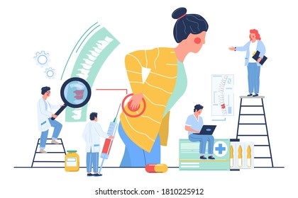 Osteopathy session and treatment. Woman suffering from back pain, visiting doctor osteopath, flat vector illustration. Tiny osteopathic doctor characters examining patient spine. Alternative medicine.