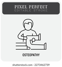 Icono de línea delgada de osteopatía. Fisioterapia, tratamiento de artritis. Masaje. Trazo perfecto y editable. Ilustración vectorial.