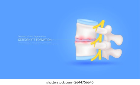 A formação de osteófitos causa dor nas costas e no pescoço. Exemplos de degeneração de disco. Espinal com medula nervosa amarela. Órgão ósseo vertebral. Conceito de diagnóstico médico. Vetor EPS10.